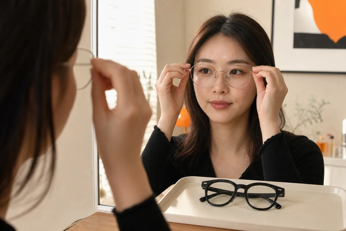얇은 안경테와 두꺼운 안경테를 같은 자세에서 번갈아 비교하는 장면