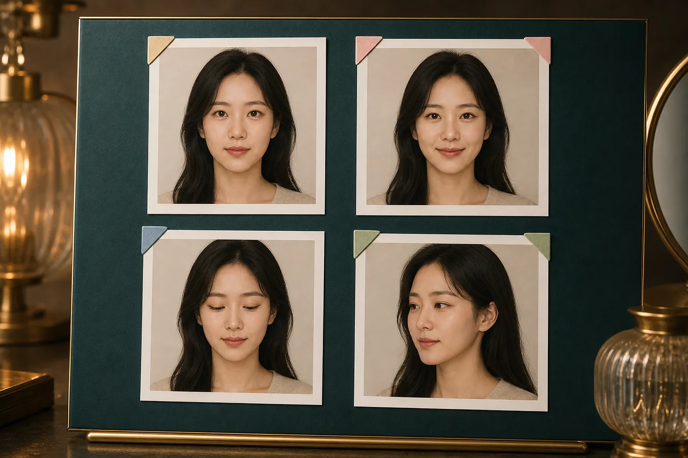 정면 미소 아래 보기 반측면의 눈꼬리 방향을 무문자 사진 카드로 나눈 보드