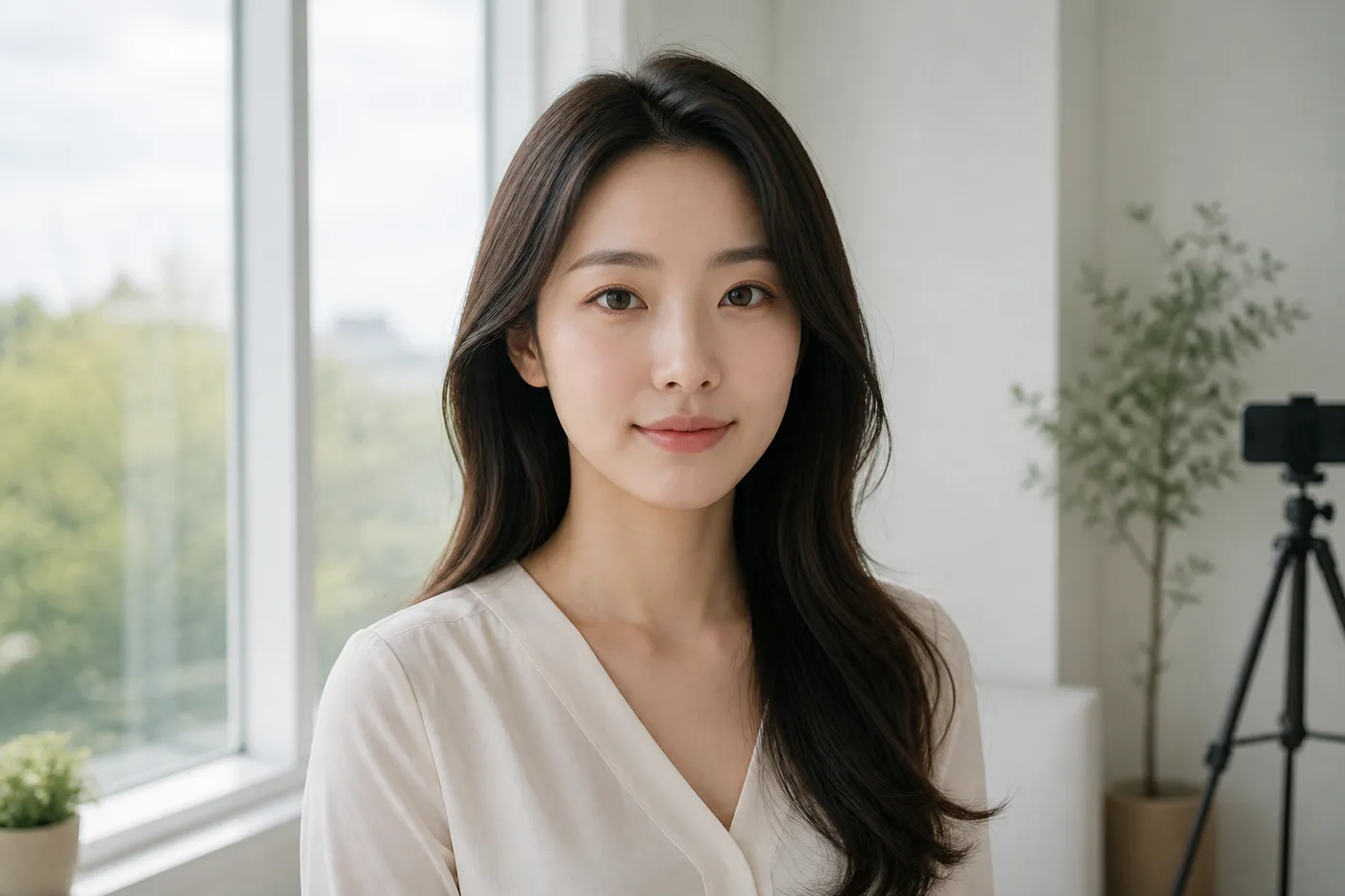 밝은 자연광에서 편안한 정면 눈매와 전체 얼굴을 기록하는 한국 성인 여성