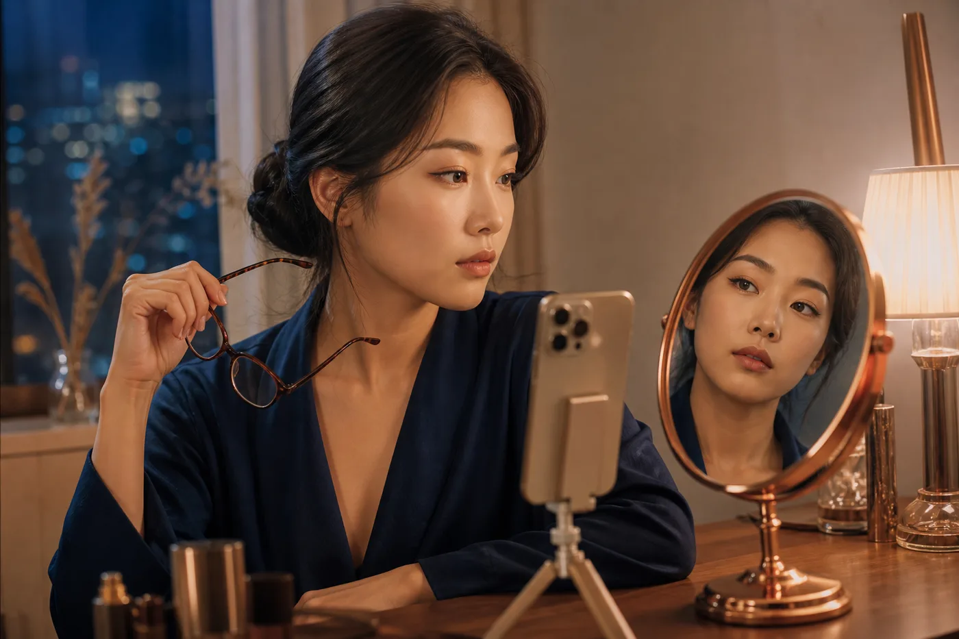 거울과 휴대폰으로 좌우 반측면의 눈꼬리 방향을 확인하는 한국 성인 여성