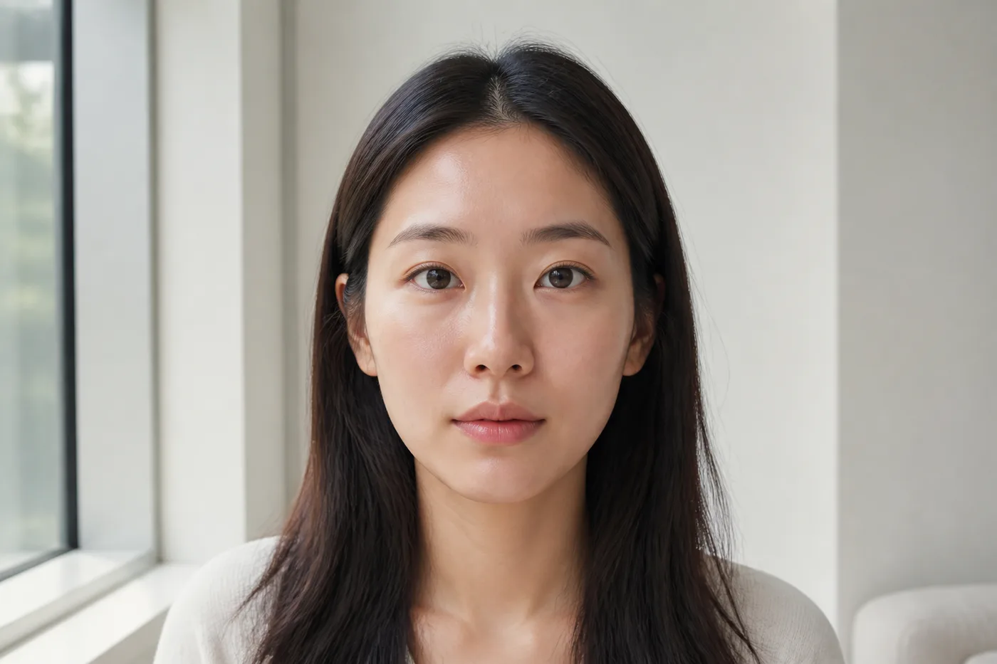 창가 자연광에서 보정 없이 얼굴 전체와 자연스러운 입술을 기록한 한국 성인 여성
