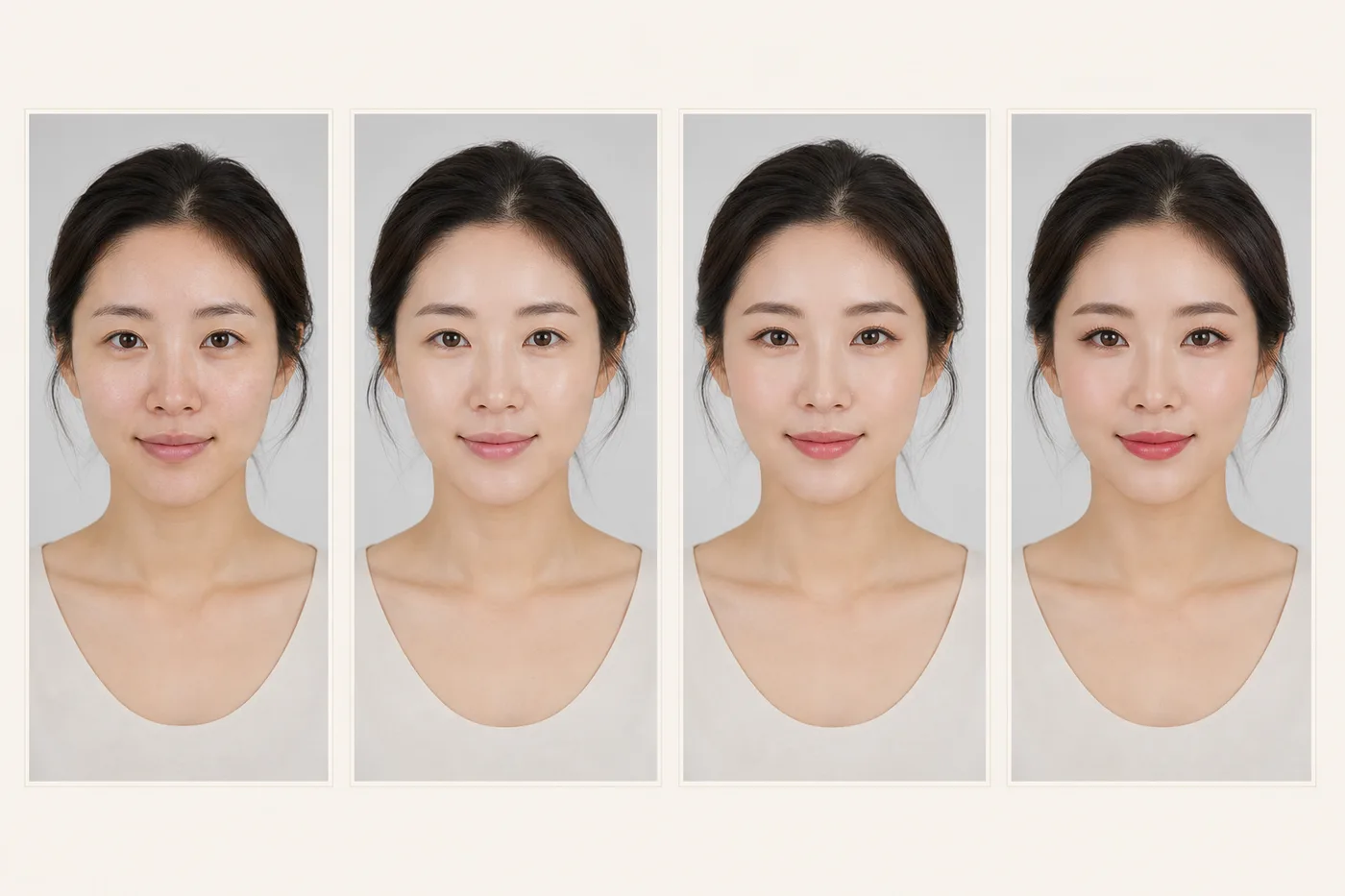 민낯 선크림 평소 화장 특별한 날을 같은 여성의 무문자 사진 카드로 나눈 보드