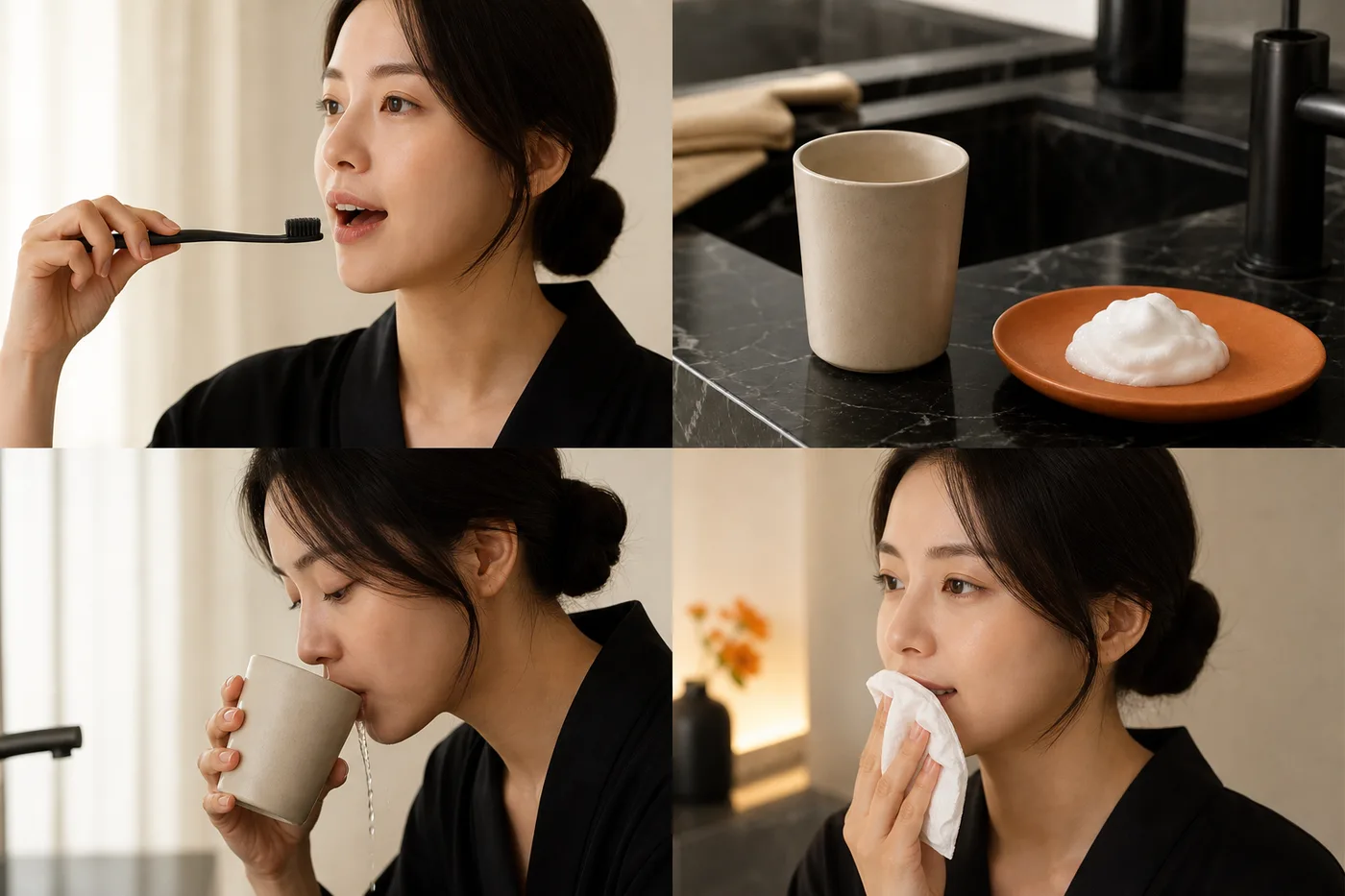 칫솔 거품 헹굼 닦기를 무문자 사진 네 장으로 나눈 보드