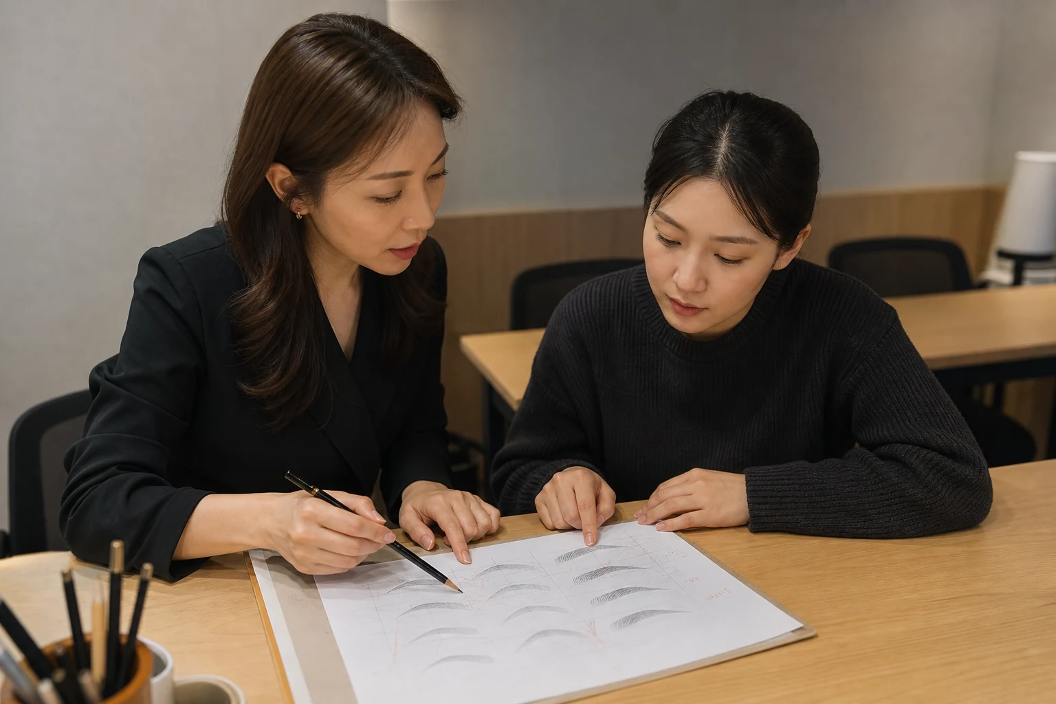강사와 학습자가 눈썹 디자인 연습지의 수정 이유를 함께 검토하는 장면