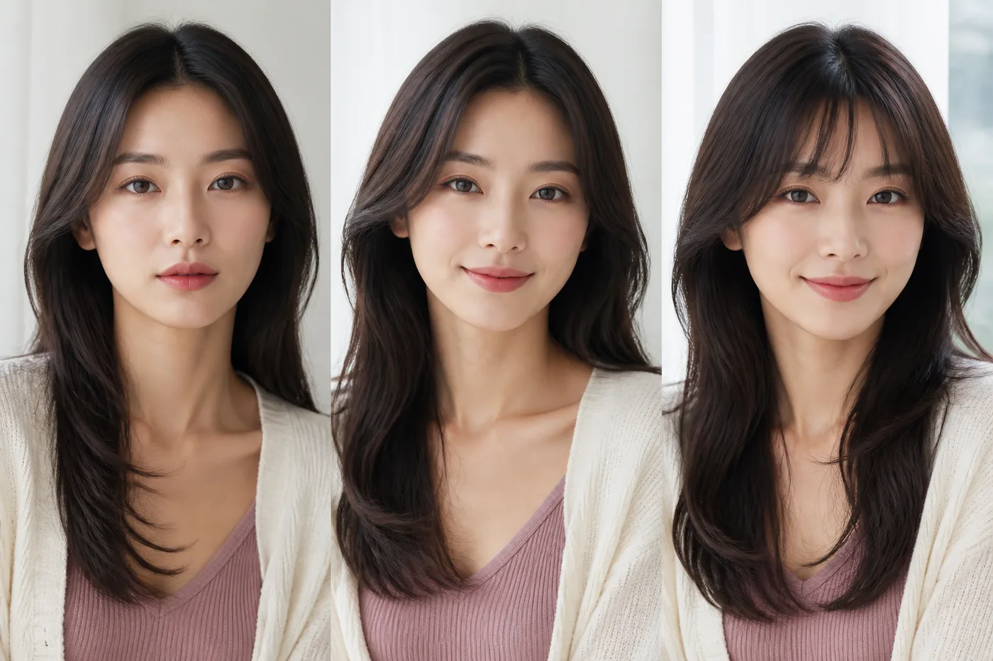 무표정 미소 헤어를 내린 얼굴의 눈썹 앞머리를 비교하는 세 장면