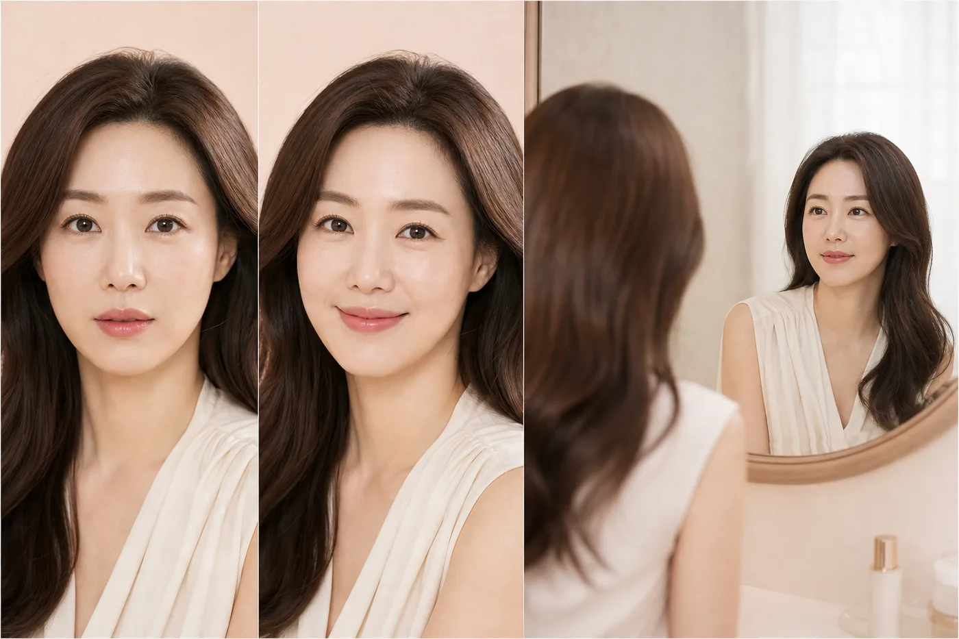 편안한 표정과 미소를 가까운 거리와 대화 거리에서 비교한 얼굴 사진