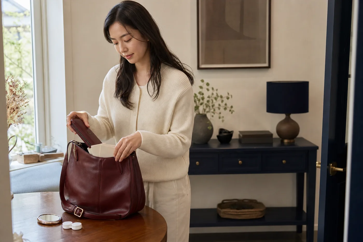 안경 렌즈 케이스 거울과 빈 질문 카드를 가방에 챙기는 한국 성인 여성