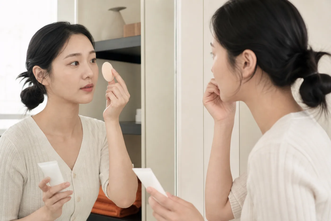 거울 앞에서 퍼프와 손가락의 눈가 거리를 확인하는 한국 성인 여성