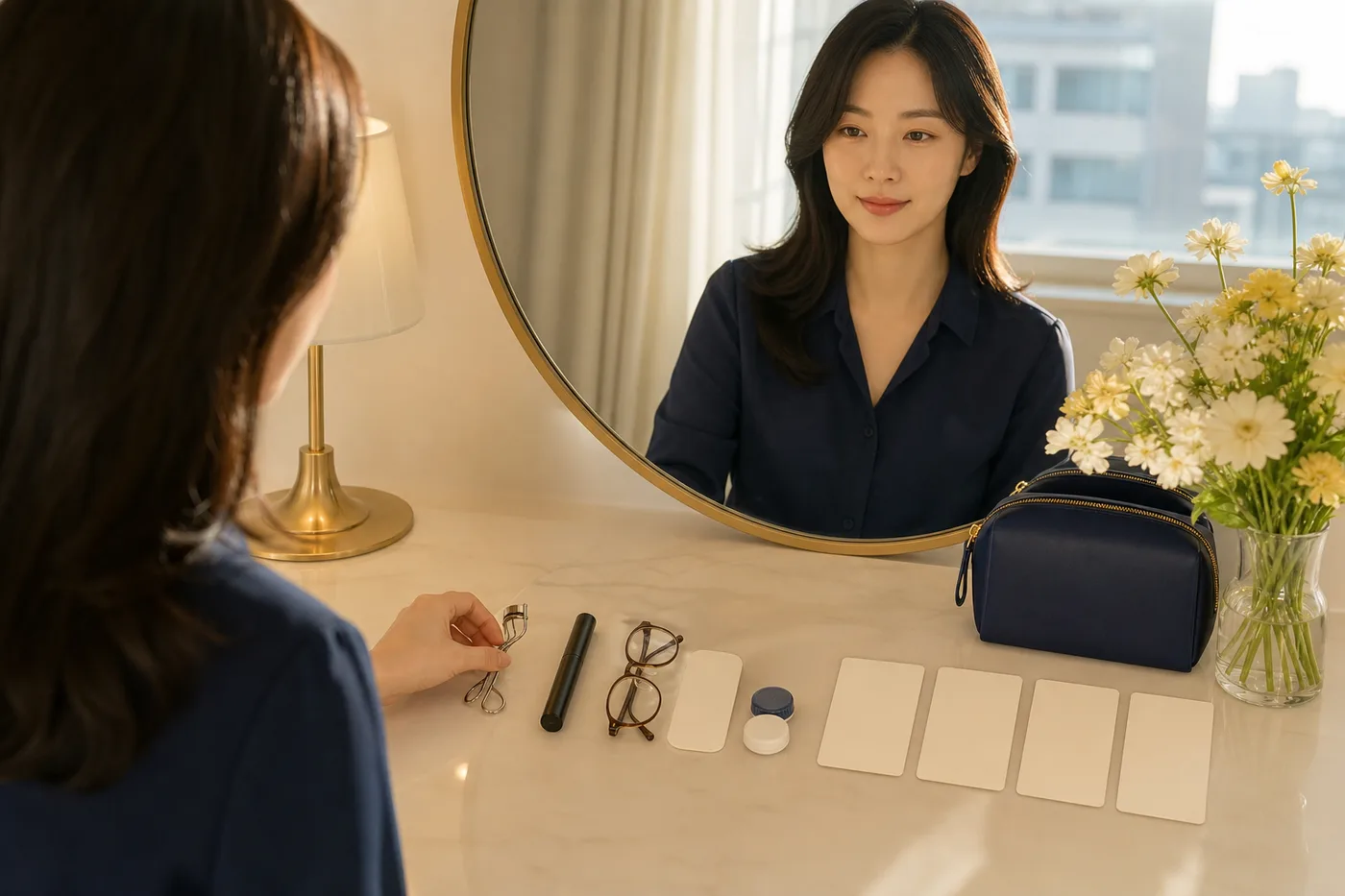 아침 창가 화장대에서 뷰러와 마스카라 순서를 기록하는 한국 성인 여성