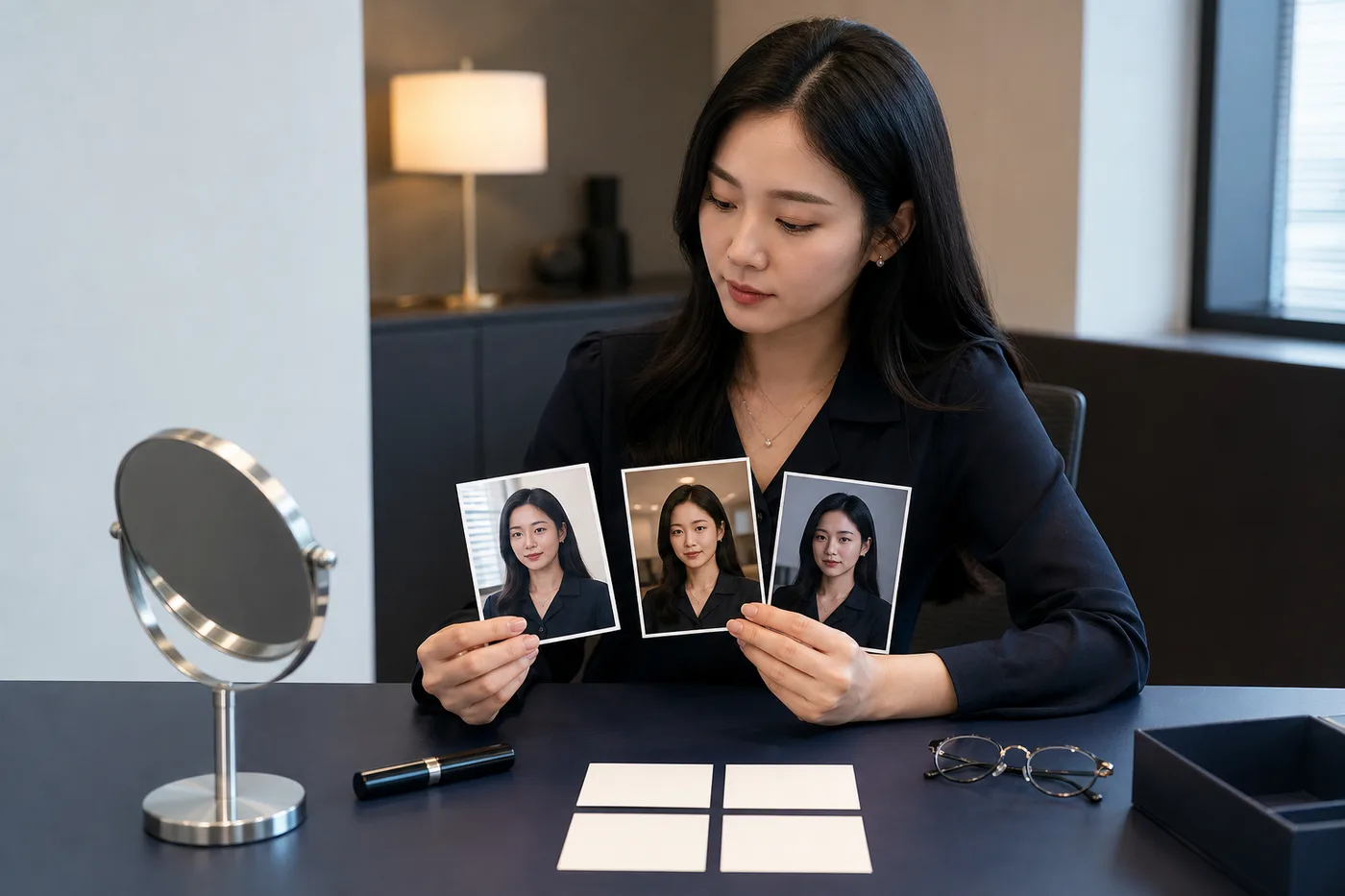 회의실과 창가 조명 사진 옆 빈 기록 카드를 정리하는 한국 성인 여성