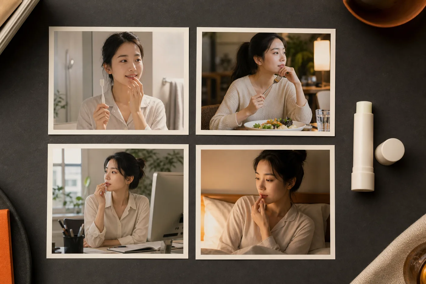 아침 식사 외출 밤의 립 케어 순간을 네 사진 카드로 나눈 보드