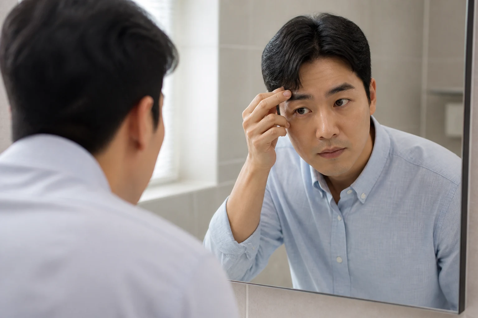 출근 전 거울에서 눈썹 방향을 확인하는 한국인 남성