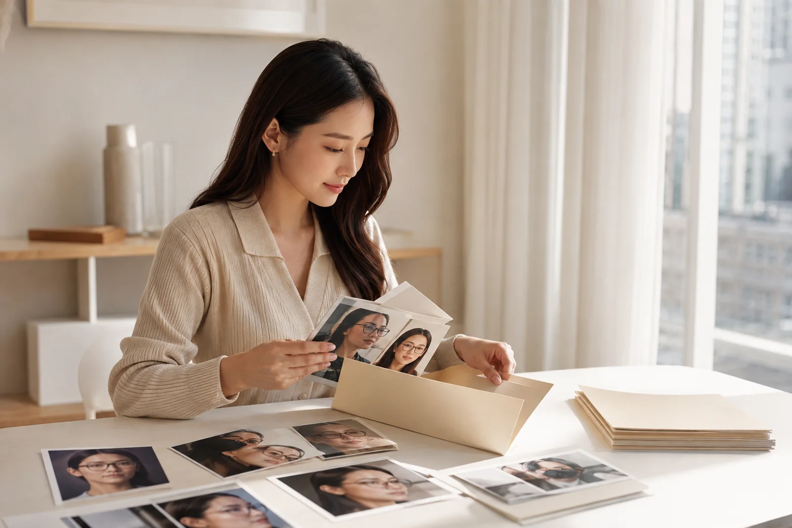 여러 표정과 안경 착용 참고 사진을 밝은 테이블에서 분류하는 장면