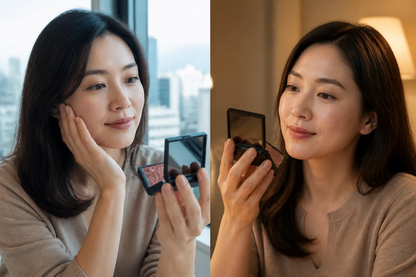 창가 자연광과 실내 조명에서 같은 눈썹 인상을 비교하는 거울 장면