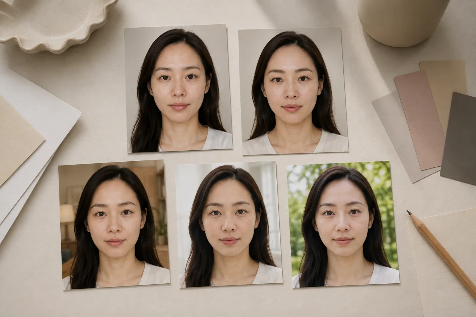 민낯 화장 실내 창가 야외 장면을 무문자 다섯 카드로 나눈 사진 보드