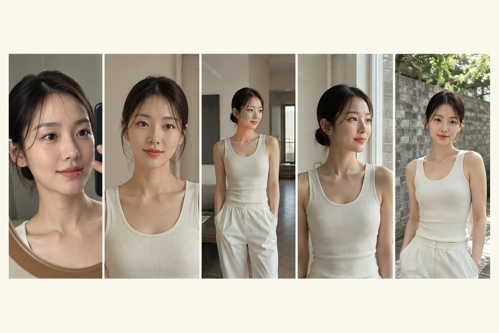 같은 한국 여성 얼굴을 실내와 자연광의 여러 거리에서 비교하는 사진 시트