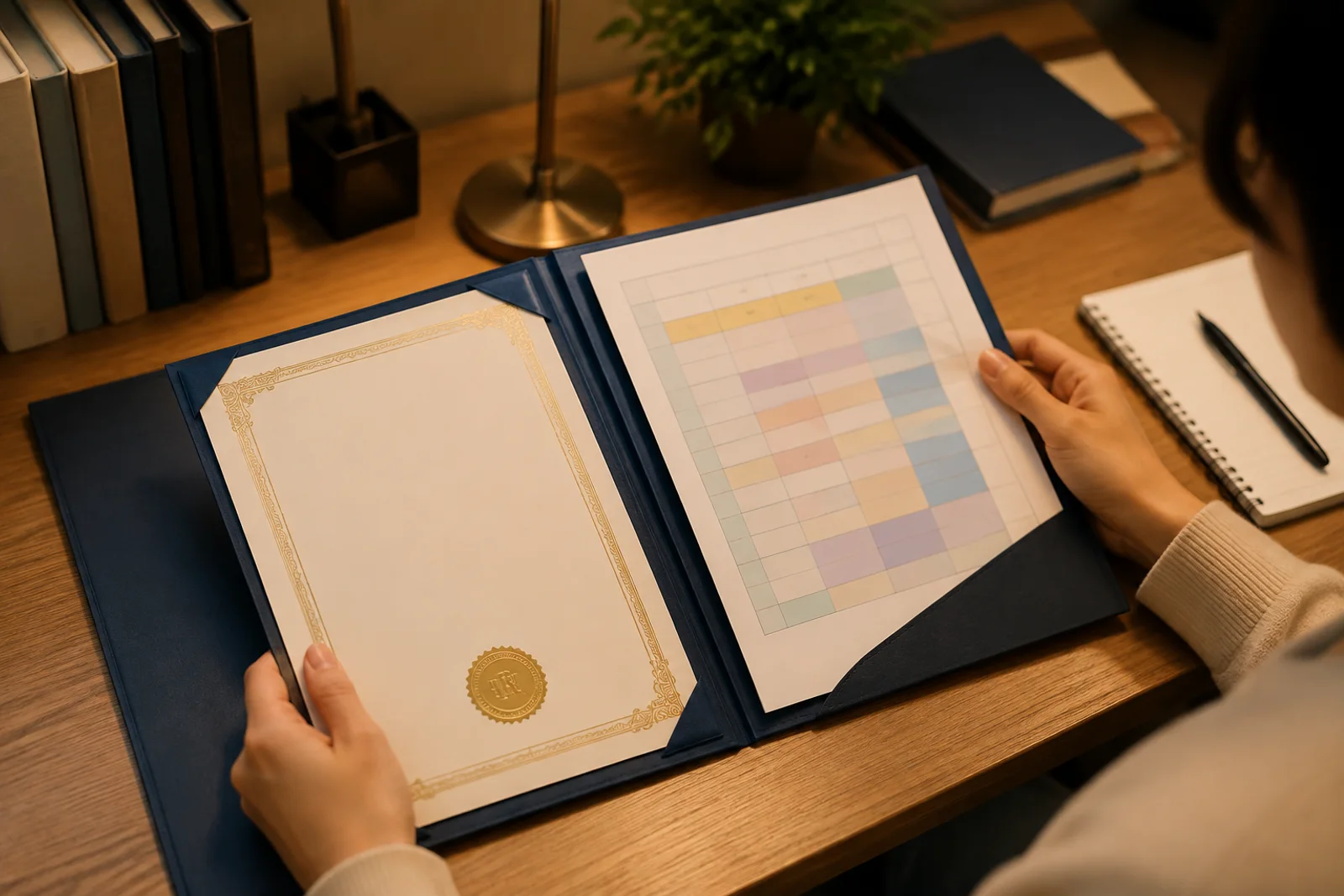 빈 증서 견본과 주간 실습표를 서로 다른 칸에 둔 밝은 책상