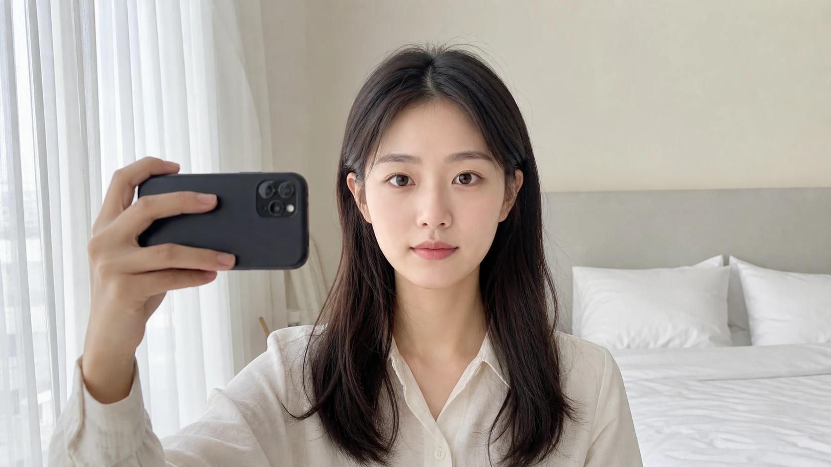 창가 자연광에서 휴대폰으로 얼굴 전체와 눈썹 정면 사진을 남기는 여성