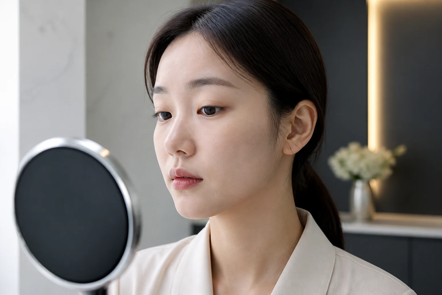 작은 거울로 45도 각도에서 자연스러운 눈매를 확인하는 한국인 여성