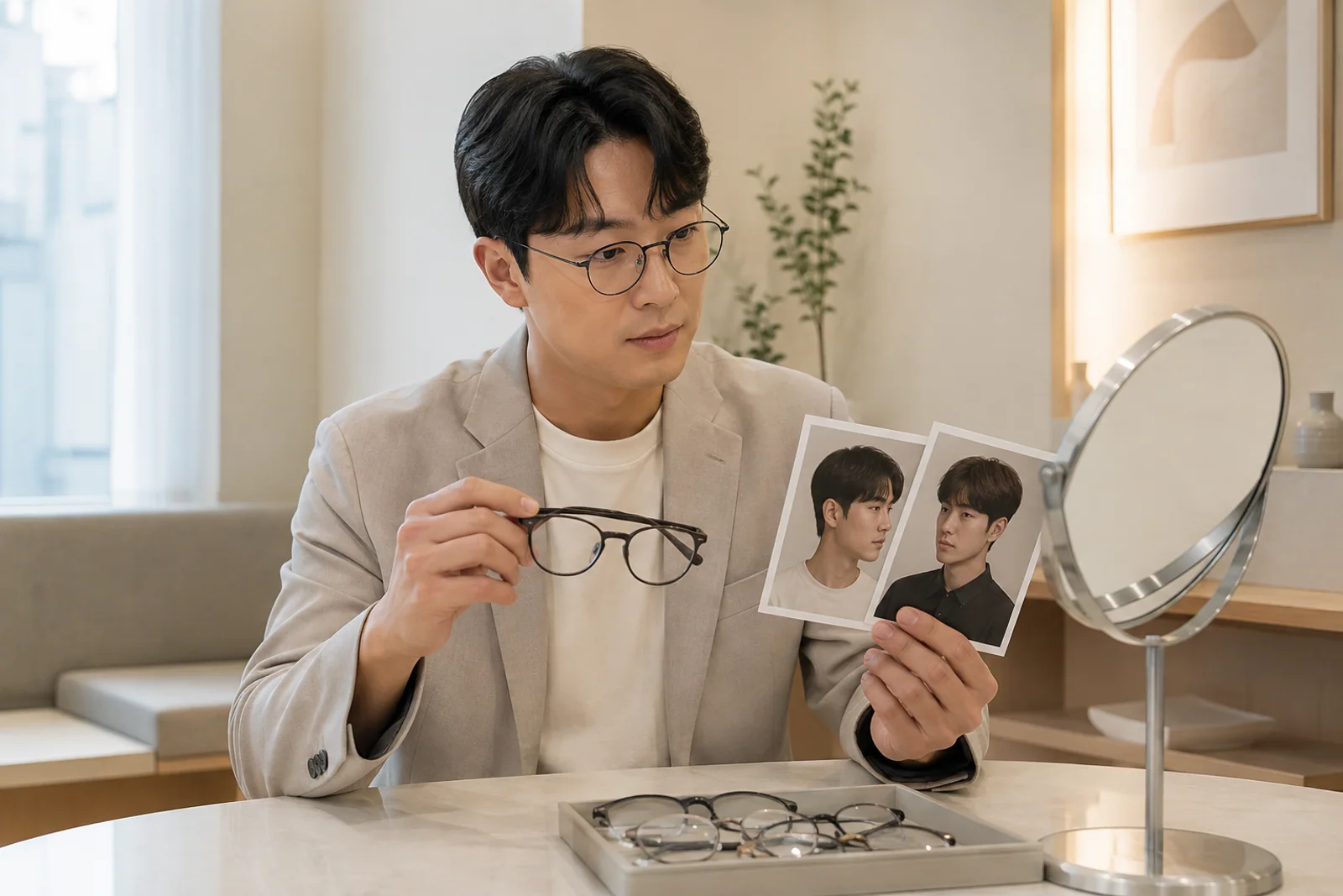 안경과 두 가지 헤어스타일 참고 사진을 함께 살펴보는 한국 성인 남성