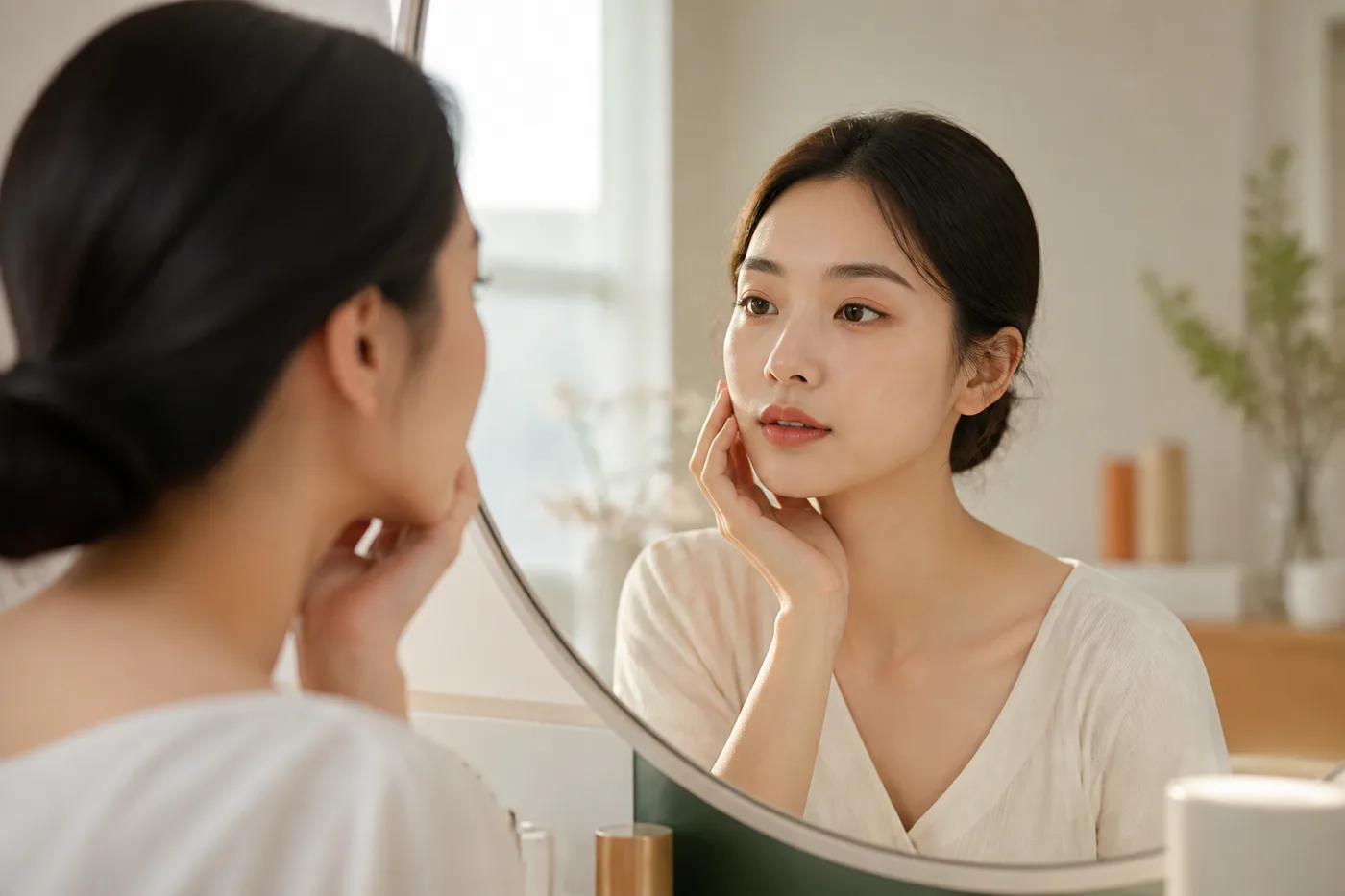 자연광에서 민낯과 출근 화장의 색 농도를 비교하는 거울과 색 카드