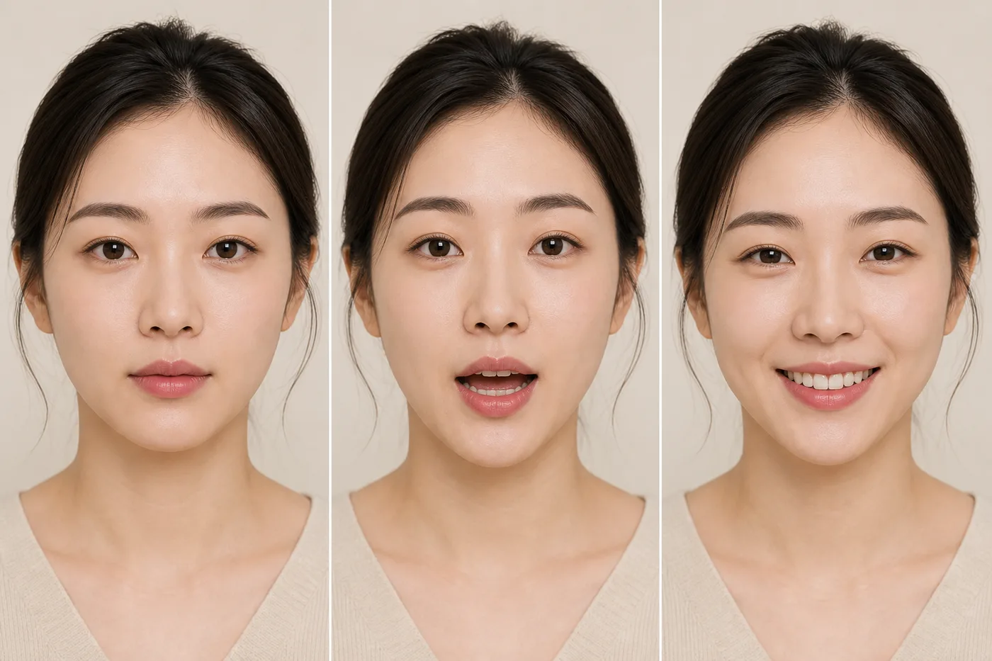 정면 대화 미소에서 눈썹 꼬리 높이를 비교한 세 프레임