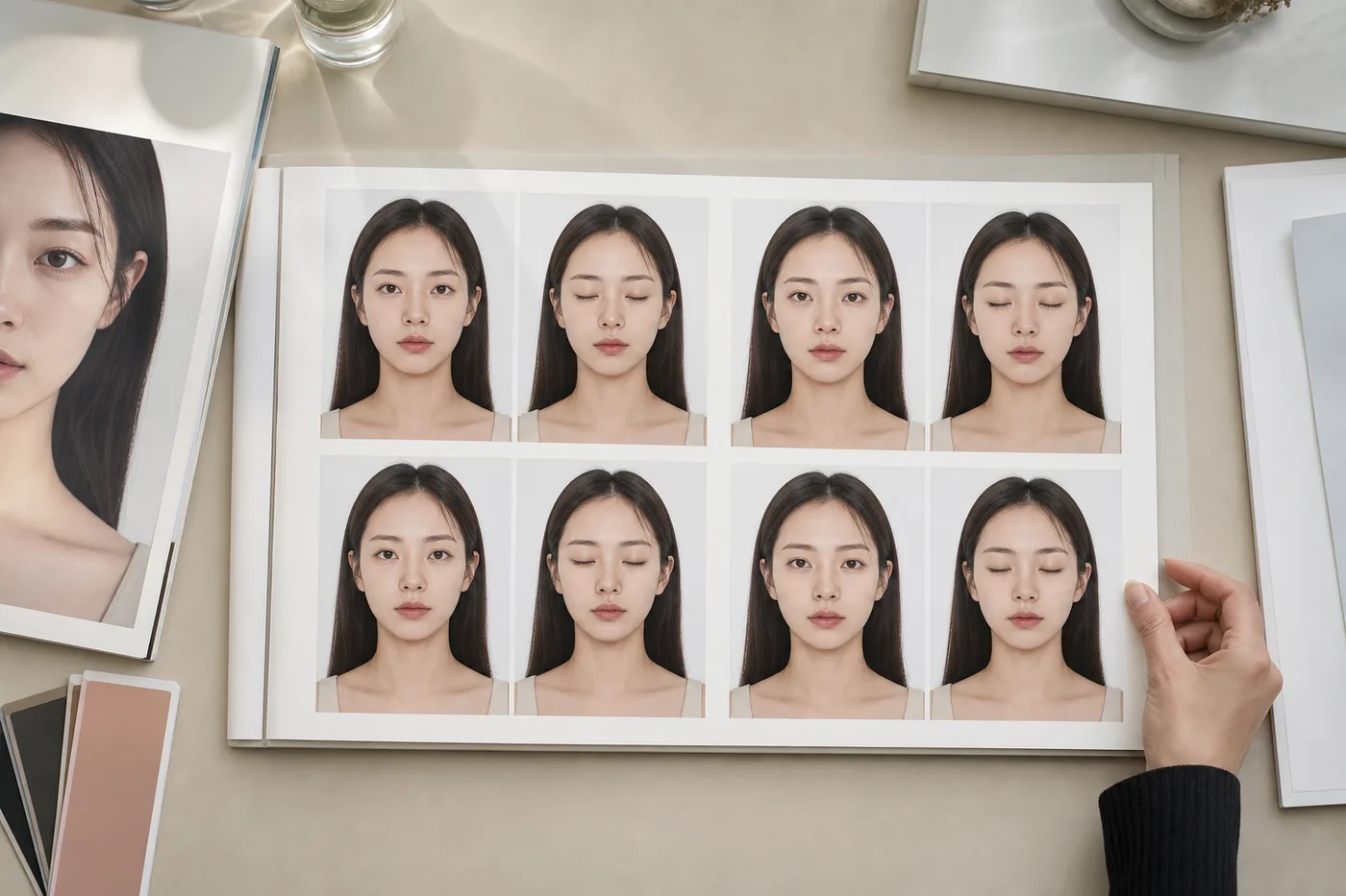 같은 조명과 거리의 눈 뜬 감은 사진 카드와 체크 보드