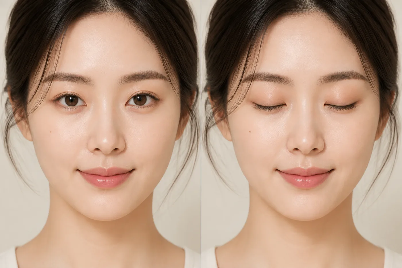 같은 성인 한국인 여성의 눈 뜬 정면과 감은 정면을 나란히 비교한 장면