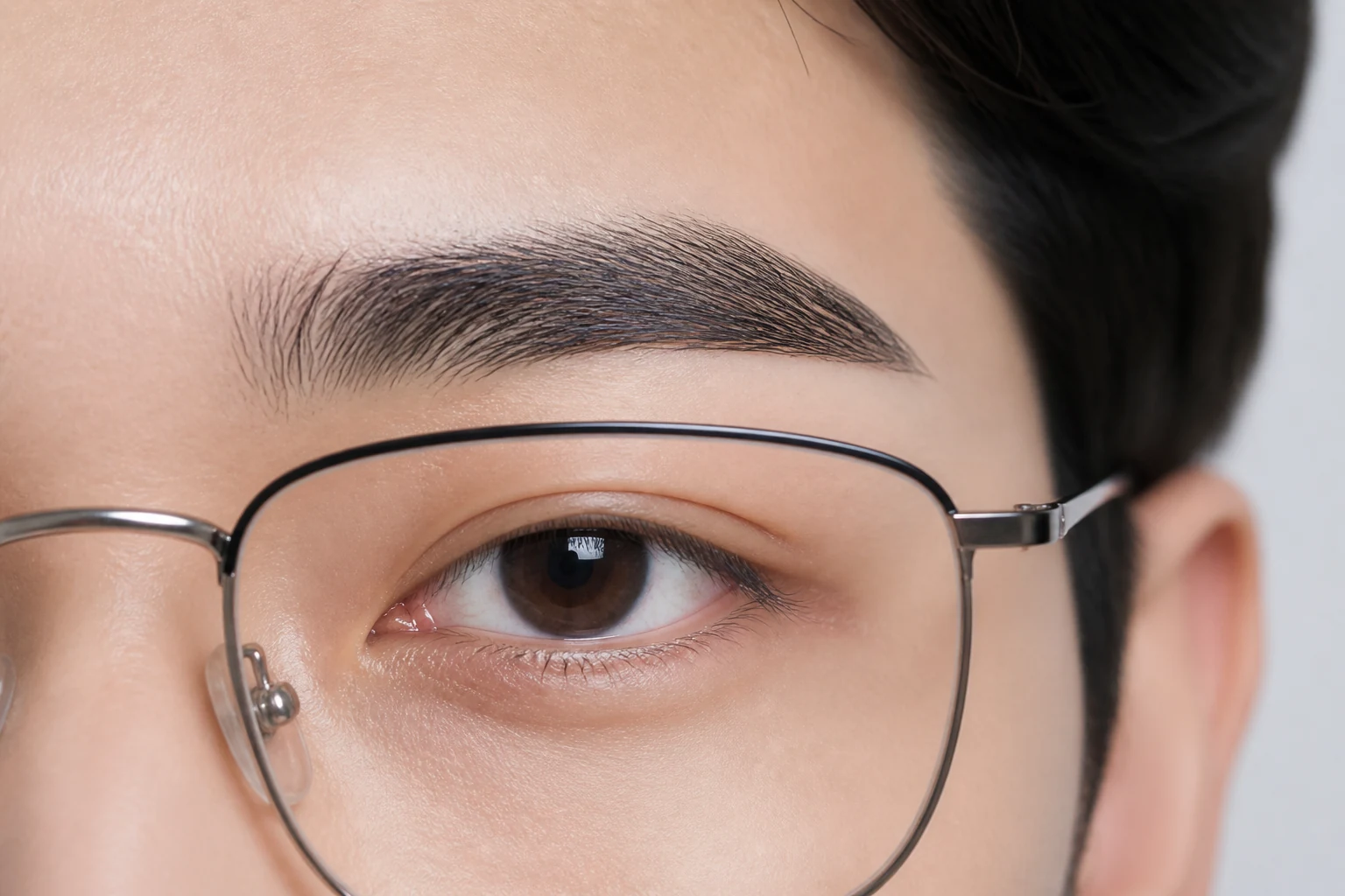 안경 상단과 남자 눈썹 앞머리, 산, 꼬리의 간격이 보이는 클로즈업