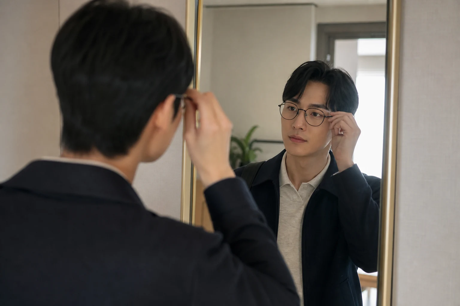 현관 거울에서 안경과 눈썹 균형을 확인하는 한국인 남성
