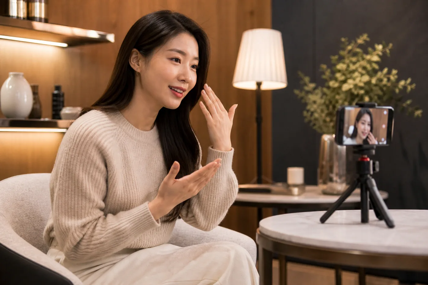 앉은 자세에서 대화와 미소의 눈썹 높이를 확인하는 영상 프레임