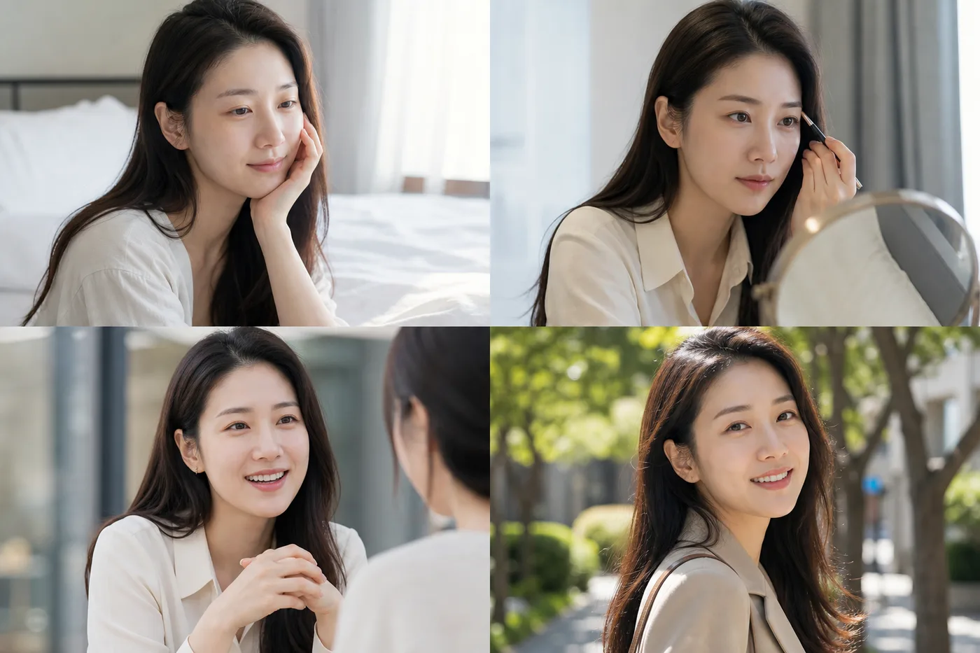 민낯 아침 출근 준비 대화 야외 사진을 네 칸으로 나눈 보드
