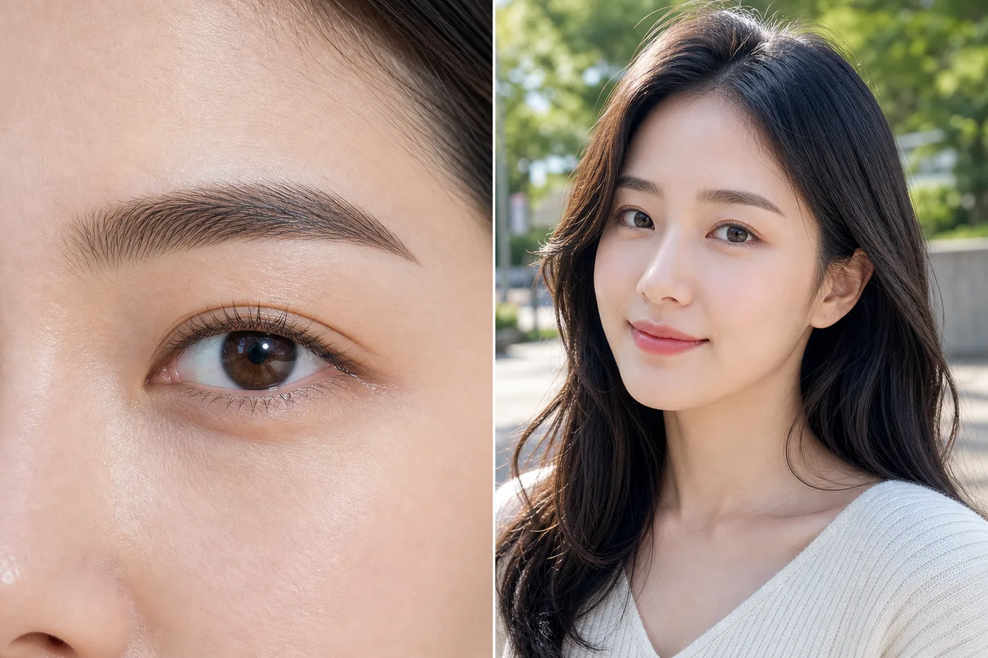 햇빛 아래 확대와 한 걸음 거리의 눈썹 인상을 비교한 두 장면