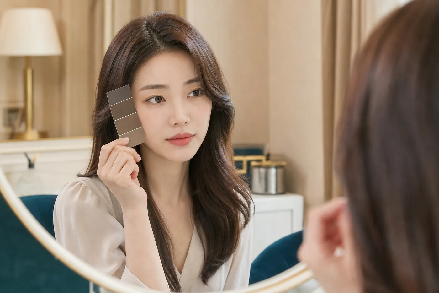 현재 머리색과 자주 하는 헤어 컬러 카드를 거울 앞에서 비교하는 한국 여성