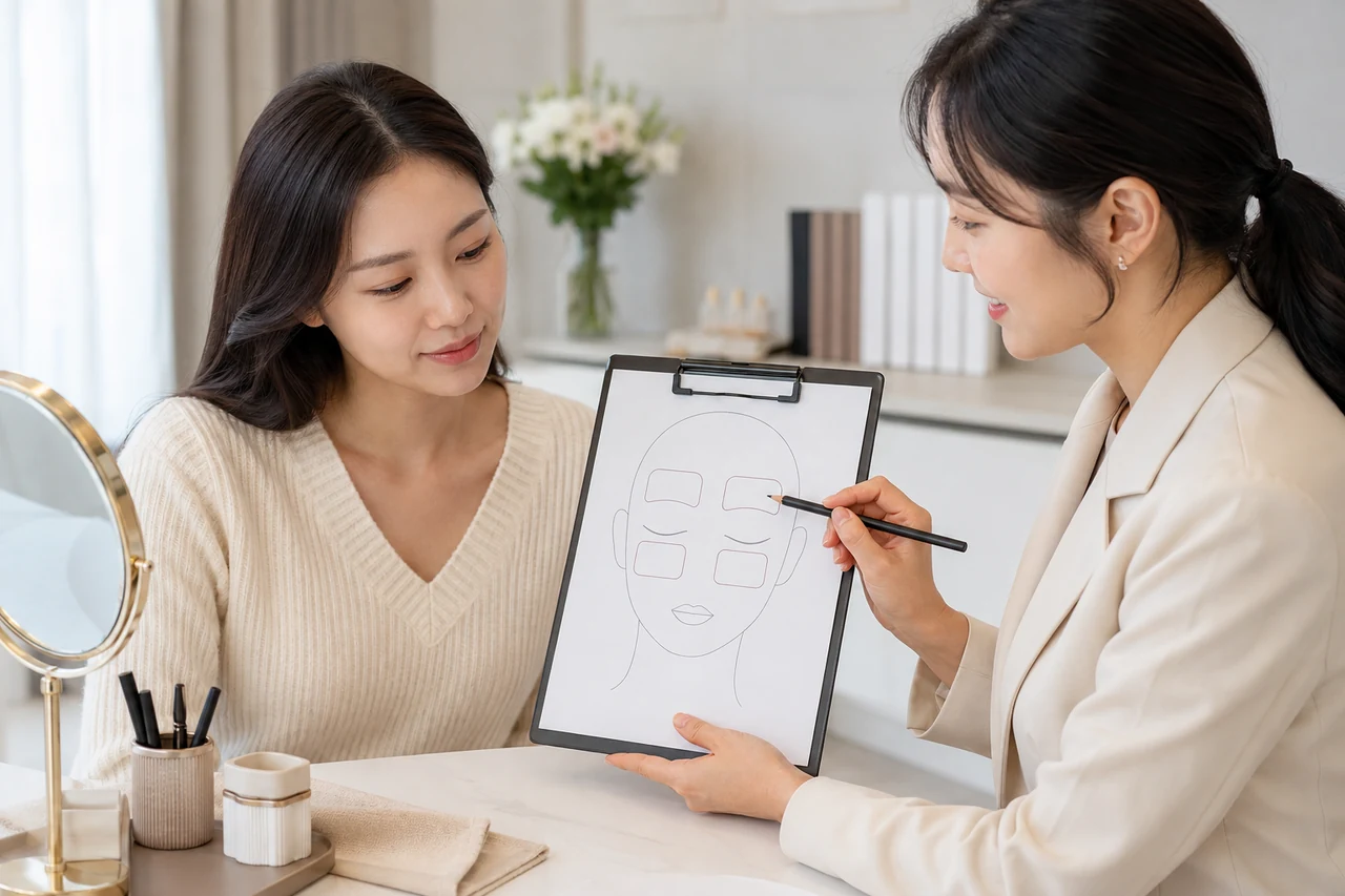 눈썹 앞머리 몸통 산 꼬리 네 구역을 종이에 표시하는 상담 장면