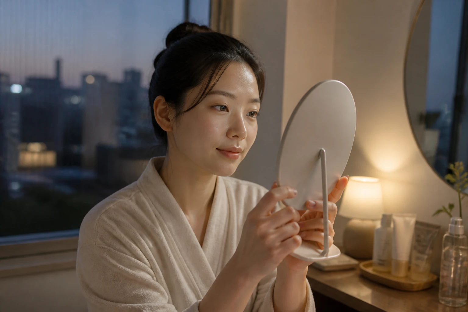 저녁 세안 뒤 손으로 만지지 않고 거울에서 속눈썹 방향을 확인하는 여성