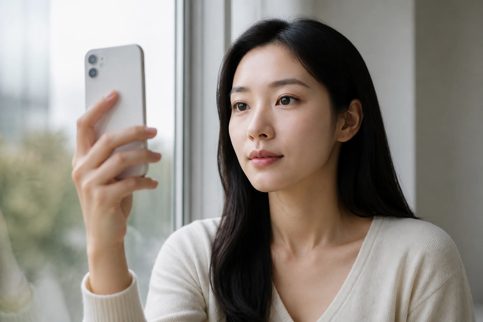 창가에서 스마트폰으로 입술 상태를 기록하는 한국인 여성