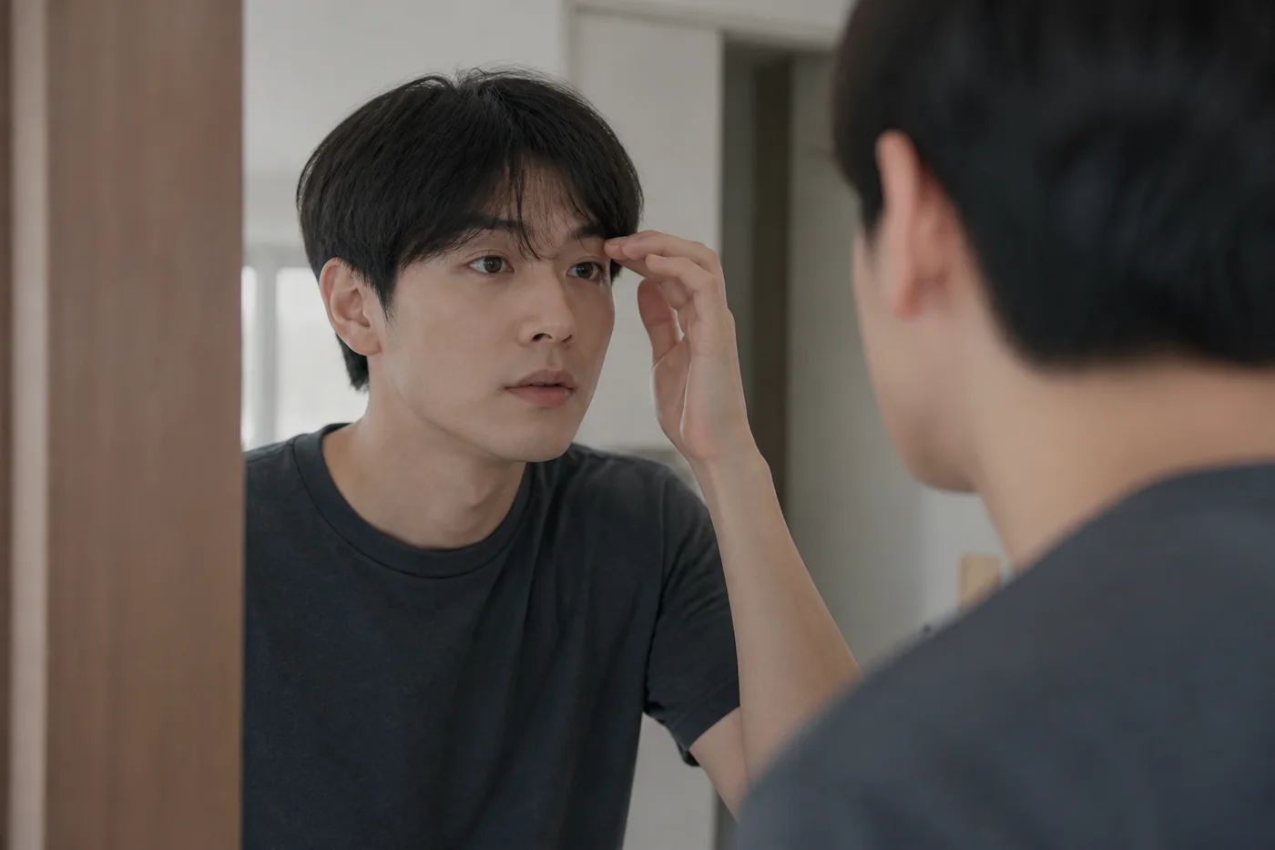 평소 앞머리를 내린 상태에서 눈썹이 가려지는 구간을 살펴보는 한국 남성