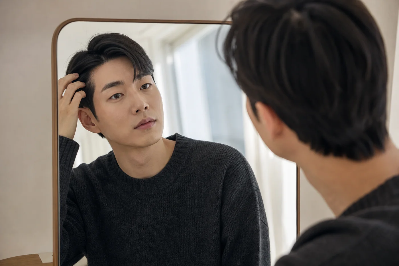 거울 앞에서 가르마를 바꾸며 눈썹 꼬리와 옆머리 균형을 확인하는 한국 남성