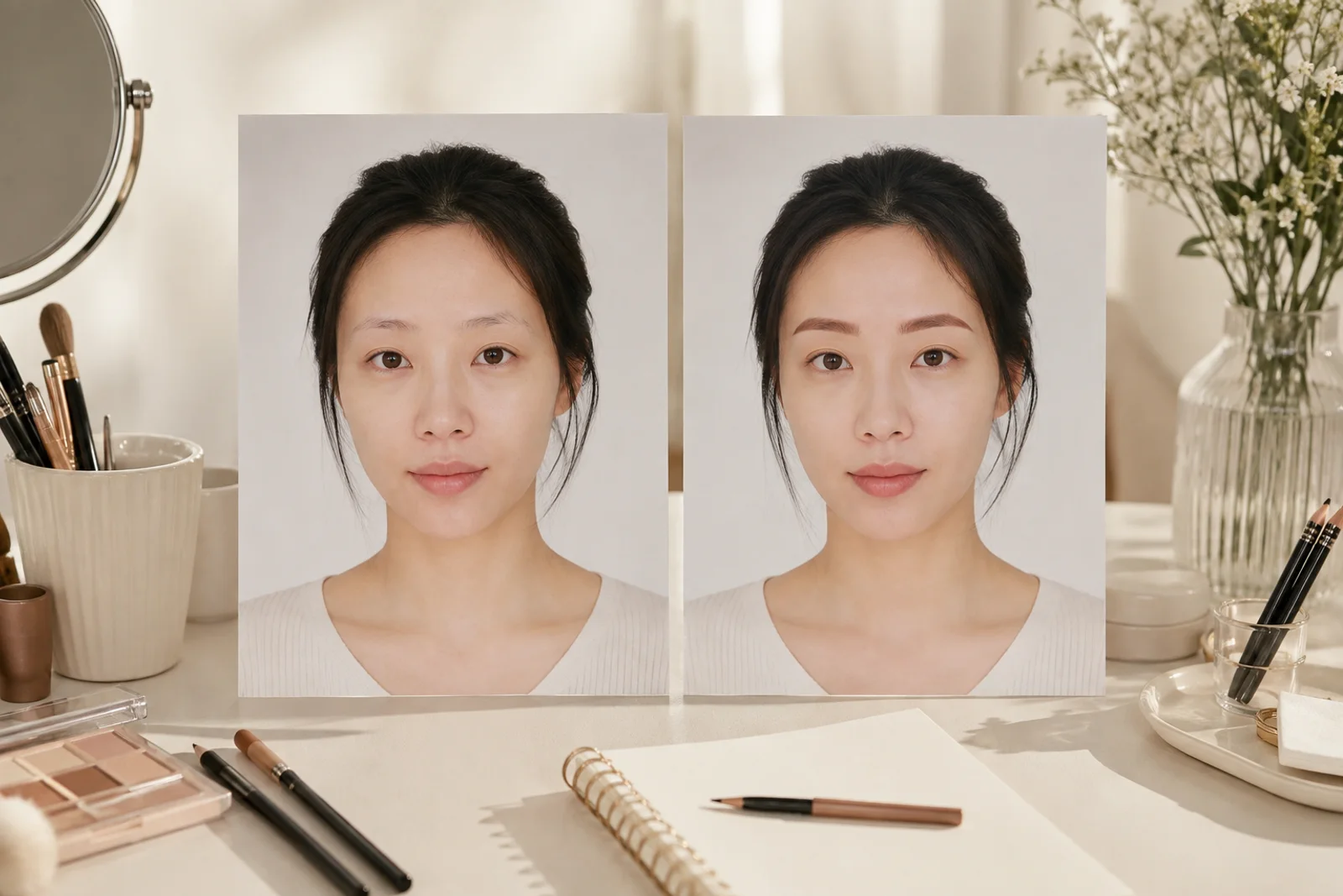 같은 조명에서 촬영한 눈썹 화장 전후 참고 사진과 연필을 나란히 둔 책상