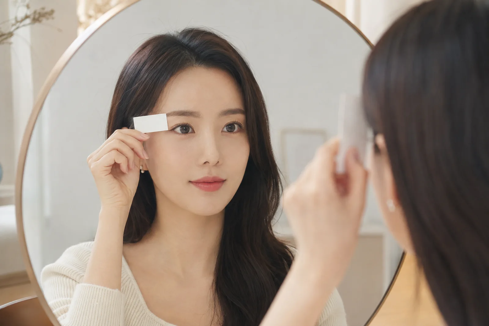 얼굴 전체 거울 옆에서 눈썹 꼬리 끝점을 무문자 카드로 정리하는 한국 성인 여성