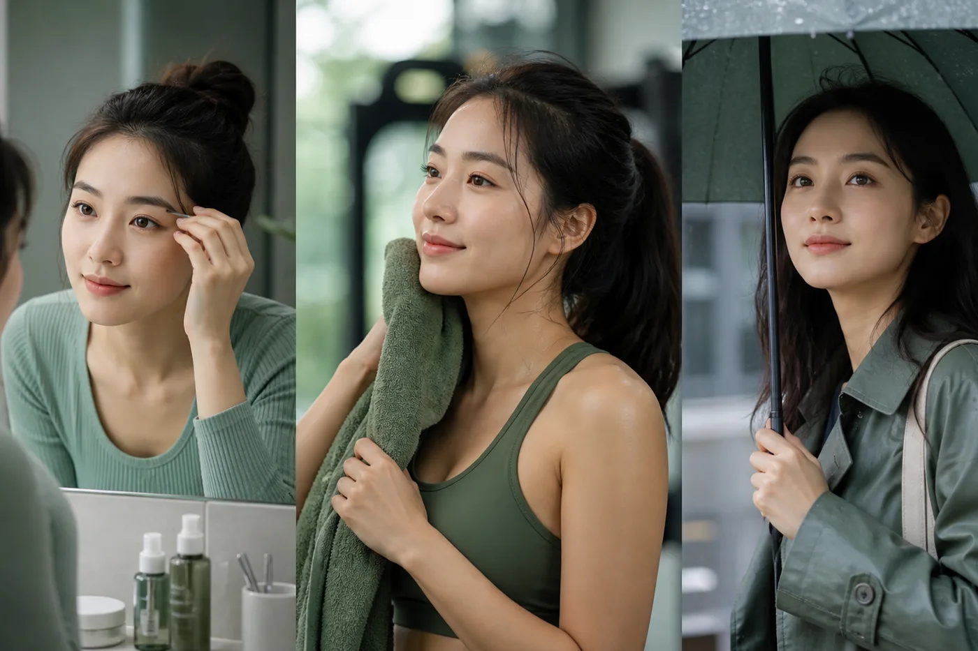 출근 전 운동 뒤 비 오는 날의 눈썹 인상을 세 장면으로 나눈 카드