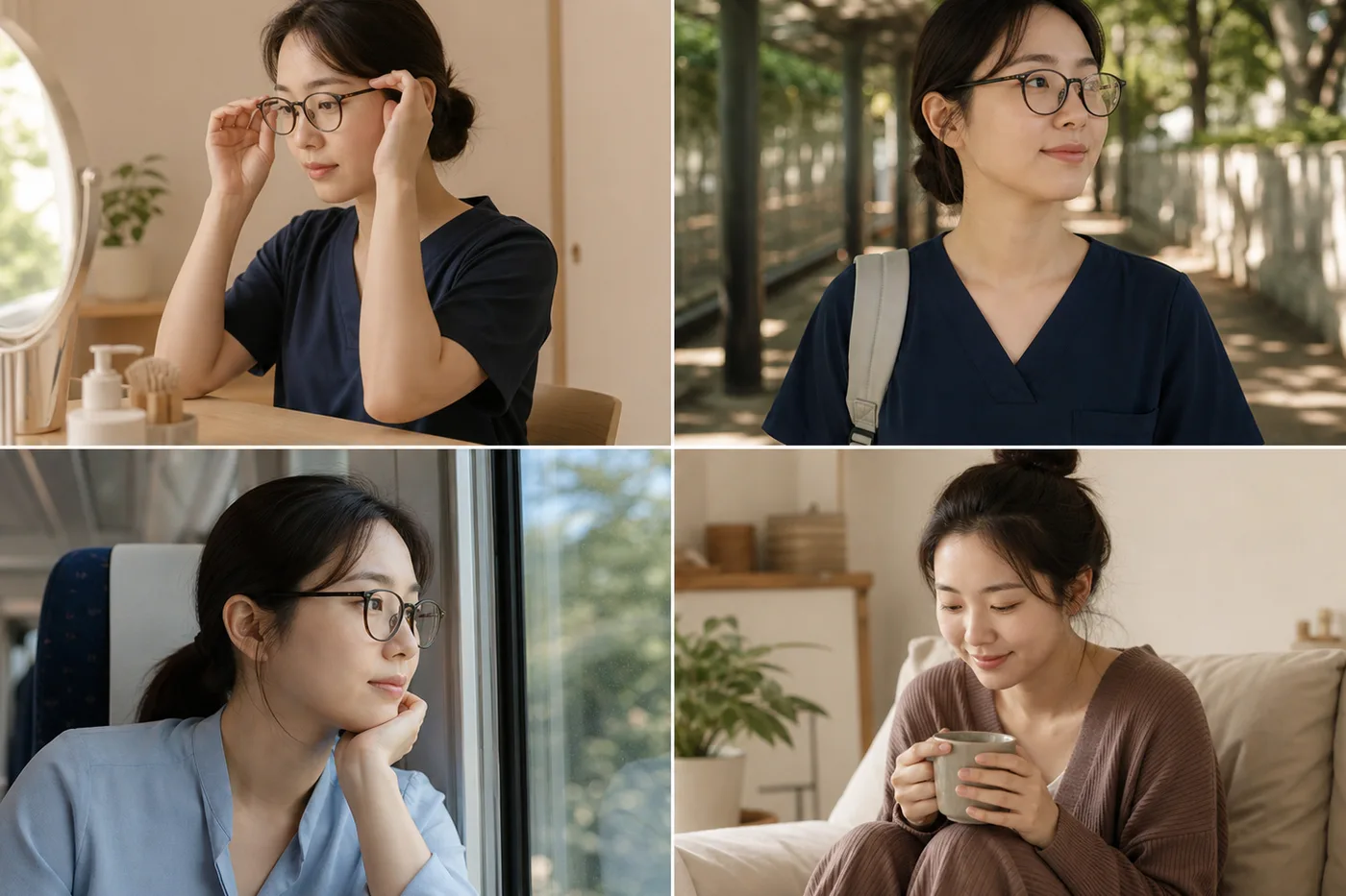 출근 전 착용물 야외 그늘 쉬는 날 장면을 네 칸에 정리한 사진 보드