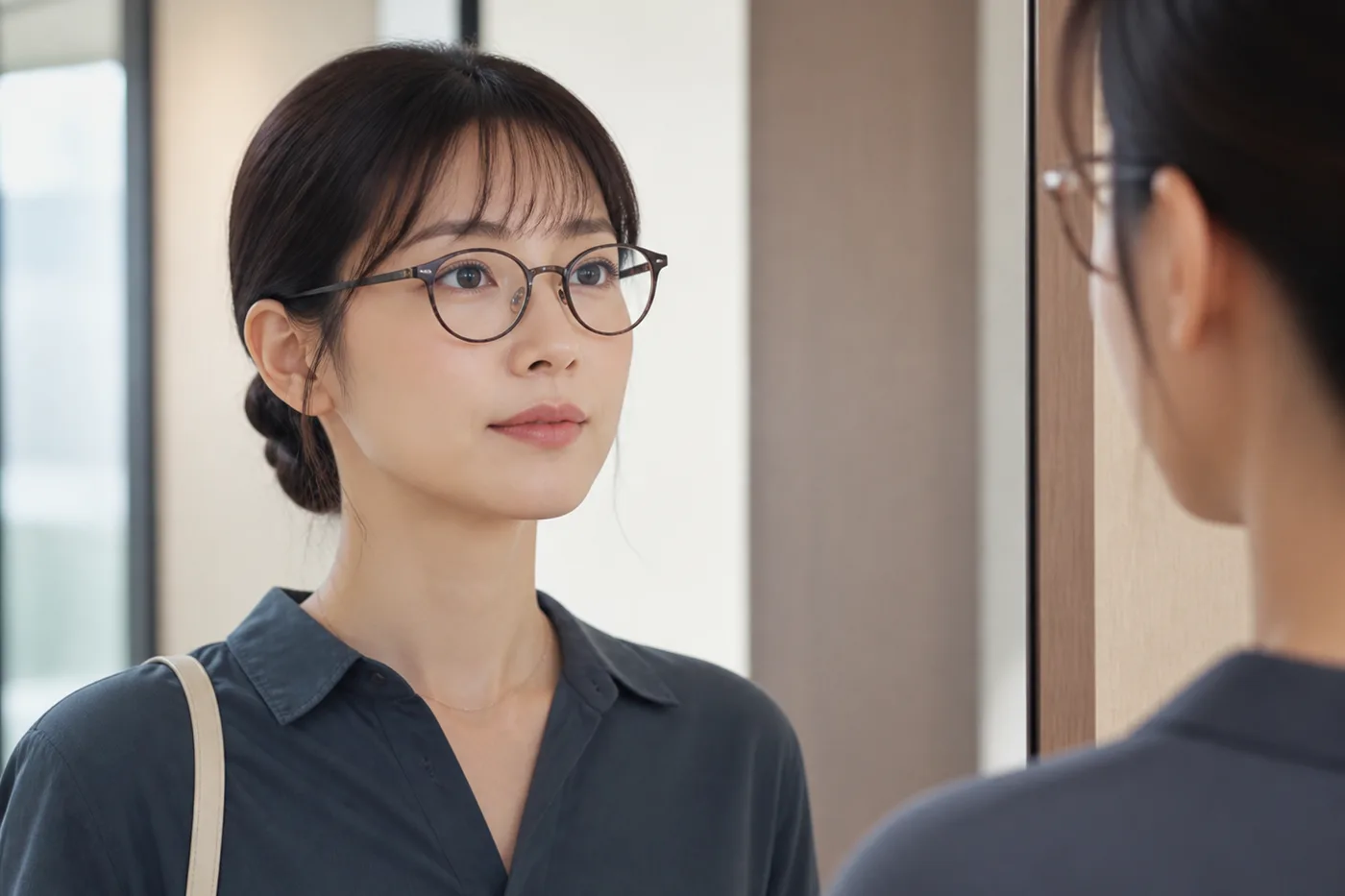 안경과 앞머리를 평소처럼 둔 얼굴을 거울에서 확인하는 장면