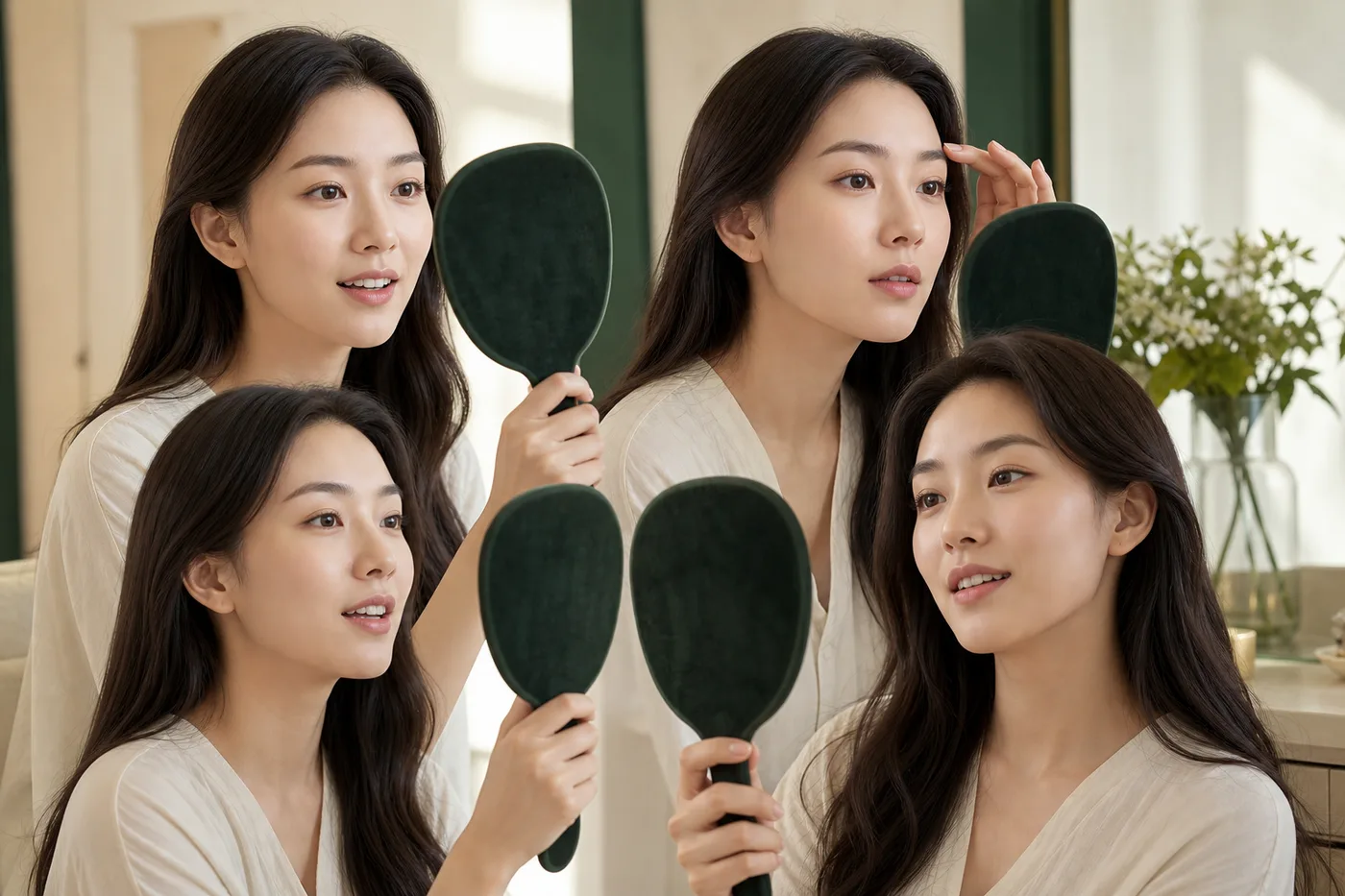 편한 얼굴 웃는 얼굴 큰 눈 안경 쓴 얼굴을 거울로 비교하는 한국 여성