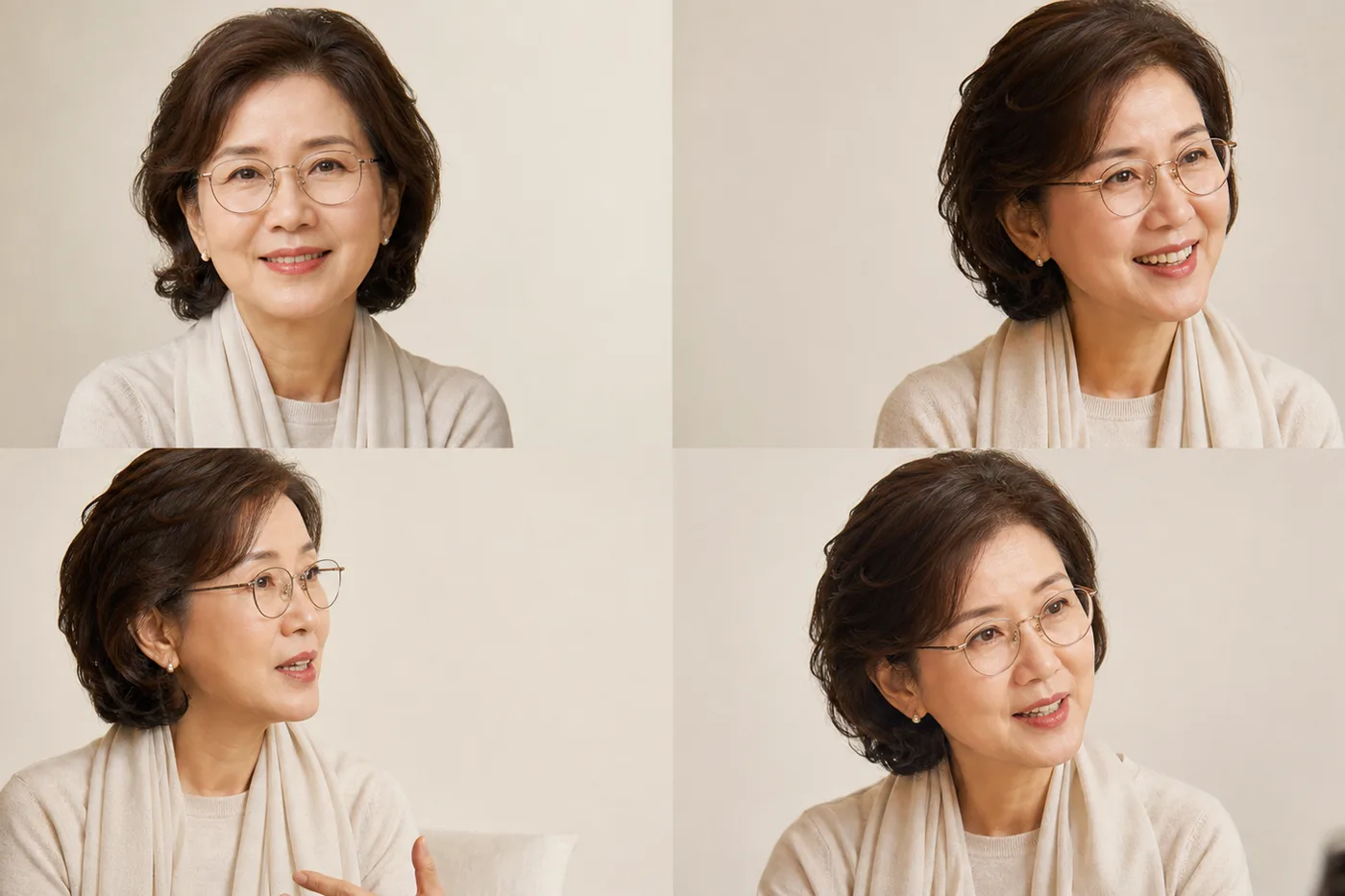 편한 정면 미소 안경 대화 순간을 네 칸으로 나눈 성인 여성 사진 보드