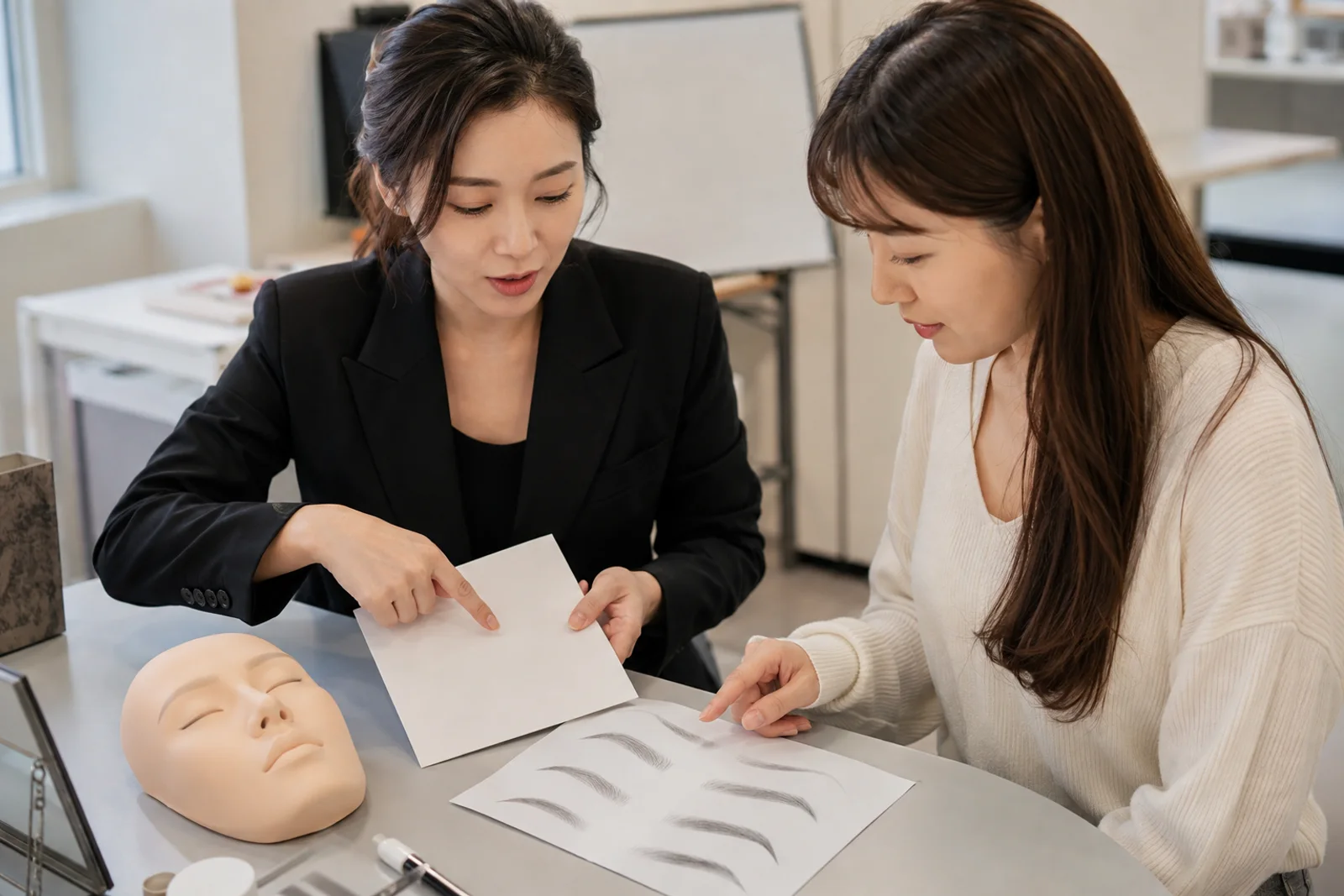 인공 얼굴 모형과 두 눈썹 도안 옆에서 관찰표를 확인하는 성인 학습자와 강사