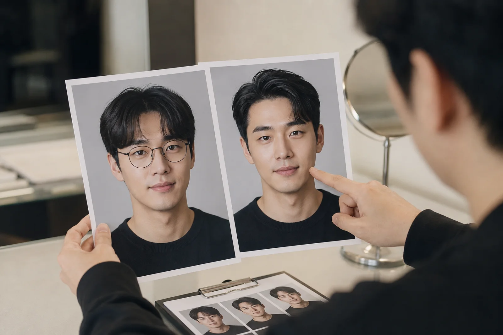 안경 착용과 헤어 손질 전후 얼굴 비율을 같은 조명에서 비교하는 한국 성인 남성