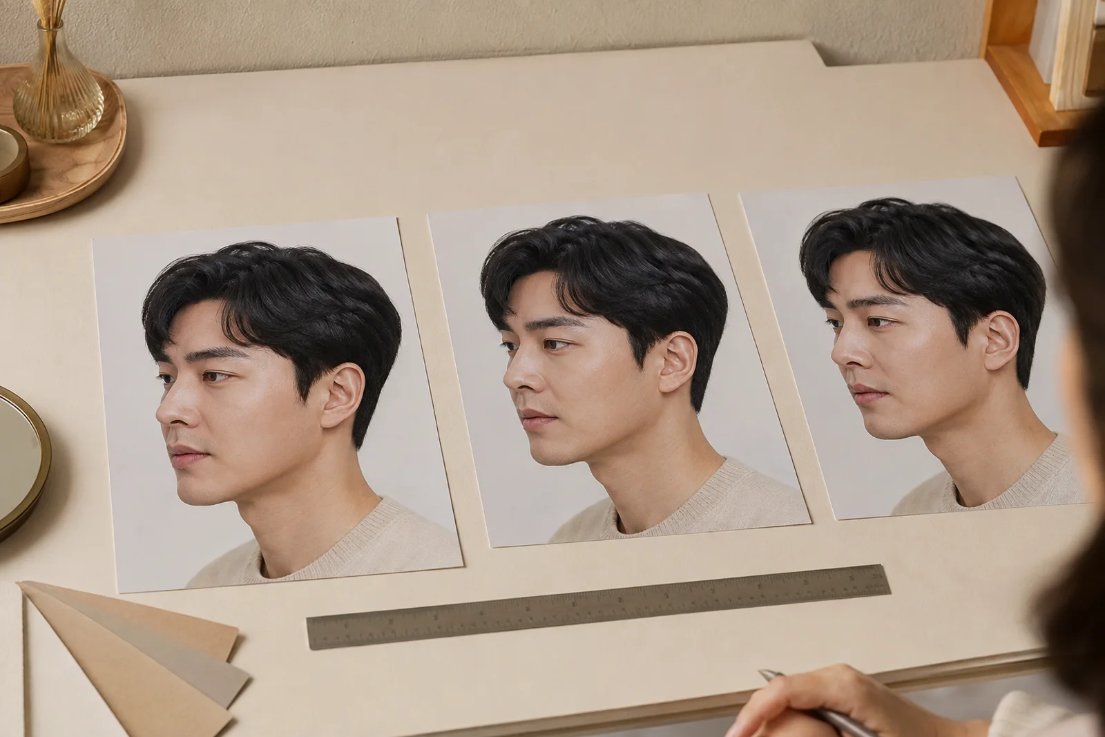 남자 얼굴 좌우 사선 사진 옆에 눈썹 꼬리와 관자 여백을 색 카드로 표시한 책상