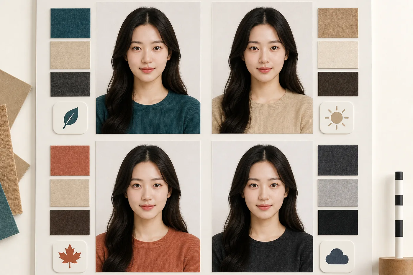 조명 거리 표정 헤어 화장 조건을 네 칸으로 정리한 사진 보드